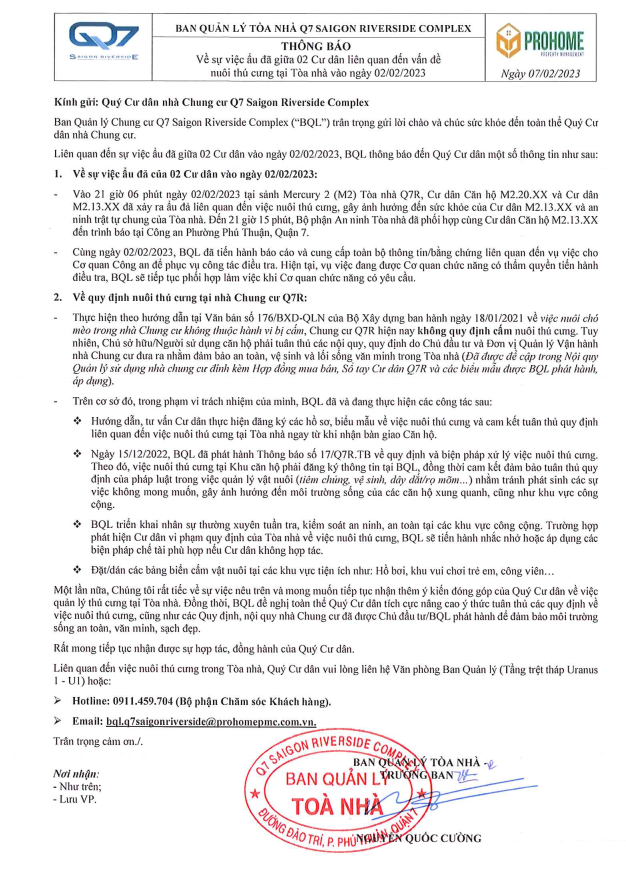Ban Quản lý Q7 Riverside thông báo việc ẩu đả của cư dân ngày 02.02.2023 liên quan đến vấn đề nuôi thú cưng