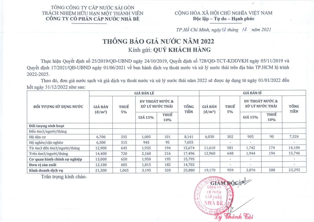 CẤP NƯỚC NHÀ BÈ - ĐƠN GIÁ NƯỚC NĂM 2022